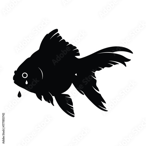 Melancholic goldfish silhouette with drooping fins and teardrop in minimal black vector design on white background expressing sadness and solitude