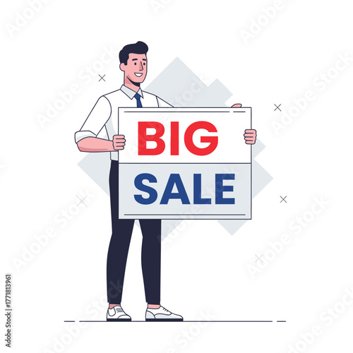 A smiling man holding a sign promoting a big sale event.