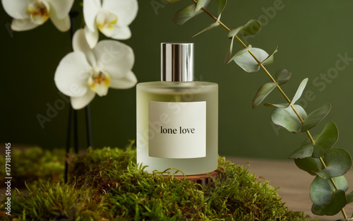 Elegant perfume bottle surrounded by orchids and eucalyptus on moss