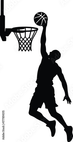 Slam Dunk Silhouette: A dynamic silhouette captures a basketball player mid-air, executing a powerful slam dunk, a symbol of athleticism and precision.