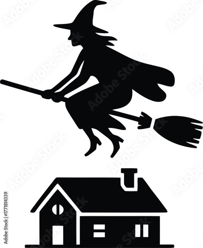 Halloween Witch Silhouette: A dark silhouette of a witch, soaring high on a broomstick above a spooky house. Capturing the spirit of All Hallows' Eve and Halloween spirit.