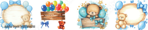 A cute baby teddy bear and balloon are depicted in a watercolor illustration within a wooden frame