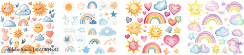 An assortment of cute rainbow and cloud designs made using watercolor illustration