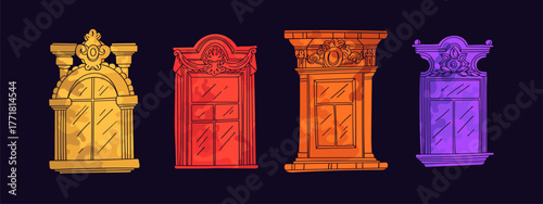 Set of vintage windows with ornamental decor. Classical architecture. Vector illustration set. Hand drawn.