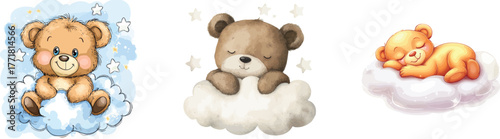 In a watercolor illustration, a teddy bear is seen resting on a cloud with a star-filled background