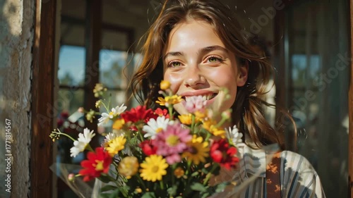 Joyful Woman Smiles While Holding Colorful Flowers at Home in Sunny Afternoon