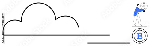 Cloud outline emphasizing connectivity, man holding a glowing lightbulb representing creative thinking, Bitcoin symbol as digital currency representation. Ideal for business, technology, blockchain