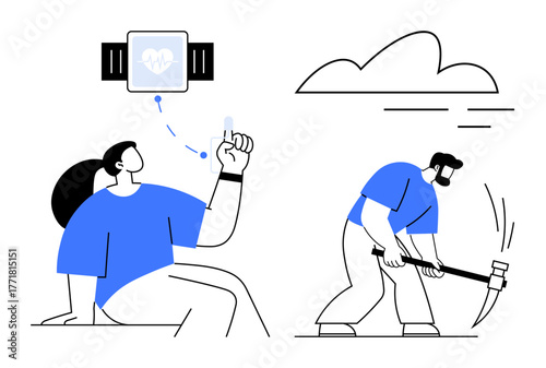 Woman syncing wearable fitness tracker man working with a pickaxe outdoors under the sky. Ideal for health, fitness, technology, outdoor activity, balance, labor, modern lifestyle themes. Simple flat
