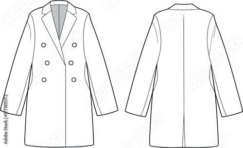 Double breasted coat flat sketch, women long coat template, fashion technical drawing, front and back view, apparel design vector, outerwear illustration