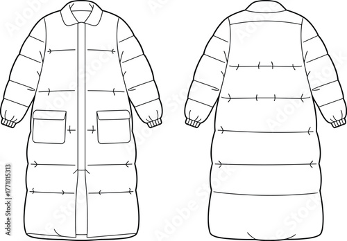 Long puffer coat flat sketch, women winter outerwear design, technical fashion drawing template, quilted jacket front and back view illustration