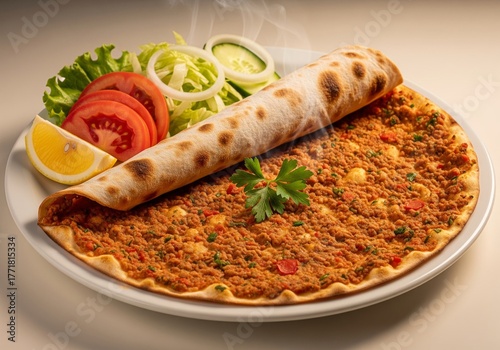 Lahmacun Flatbread on White Plate with Lemon Wedge and Fresh Salad — Turkish Pizza
