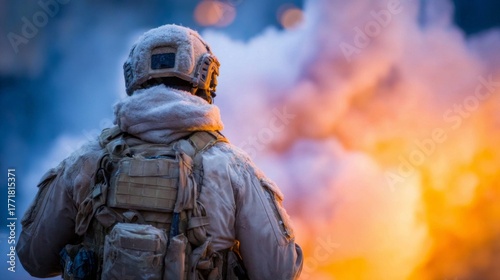 In a tense and explosive moment, a soldier clad in tactical gear surveys the scene, smoke and flames rising behind. The intensity of the environment highlights their focus and determination