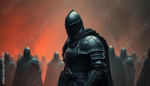 A lone black knight, armor battered, encircled by shadowy figures,  hopeless,  despair