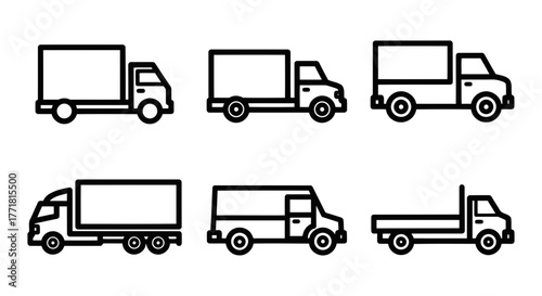 Vector art of Collection of delivery trucks, featuring various sizes and styles for transportation and logistics services