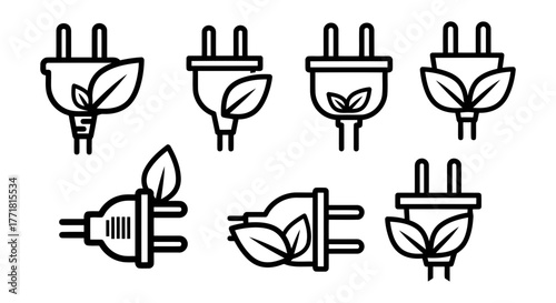 Vector art of Collection of ecofriendly power plugs with leaves, symbolizing green energy and sustainable technology