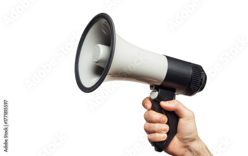 Hand holding a mega phone on white background.png
