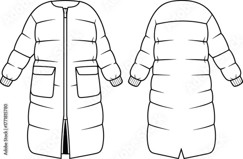 Long puffer jacket flat sketch, women winter coat design, technical fashion template, padded outerwear front and back illustration with pockets
