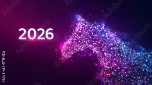A vibrant representation of a horse made from glowing connections captures the essence of astrology, symbolizing the zodiac year 2026 with creativity and energy. The cosmic theme invites exploration