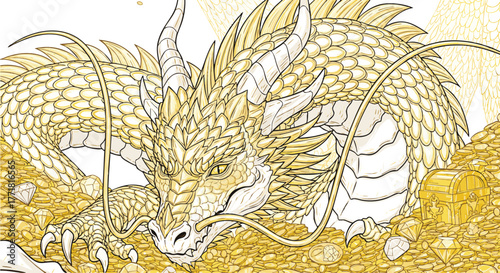 Intricate illustration of a powerful golden dragon coiled around a vast pile of glittering gold coins and ancient relics, symbolizing immense wealth, prosperity, and mythic power