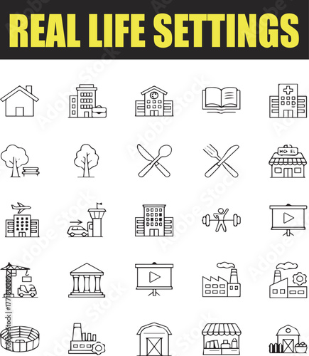 Everyday Settings and Routine Activities Icons-Simple Editable Stroke Vector Pack.