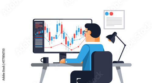 Professional Man Working on Computer, Analyzing Financial Charts for Online Trading