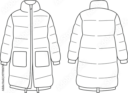 Women long puffer jacket flat sketch, winter coat technical drawing, padded outerwear vector, fashion design template front and back illustration