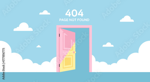 404 Page Not Found with Open Door in Blue Sky, Website Error Concept