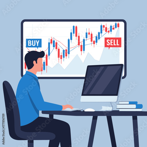 Investor Analyzing Stock Market Candlestick Chart with Buy and Sell Indicators on Computer Screen