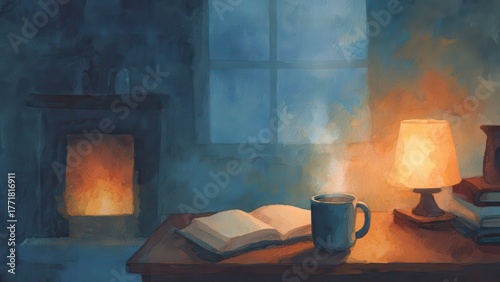 冬の夜の読書 コーヒーと暖炉のある部屋 水彩イラスト
