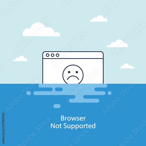 Outline illustration of a web browser window with a sad emoticon, sinking in water, "Browser Not Supported".