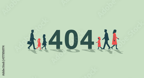 Silhouettes of a family walking past a large 404 error code, representing a lost page or web problem.