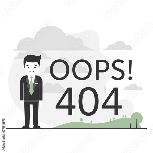 Sad businessman standing next to "OOPS! 404" text, indicating a page not found or website error.