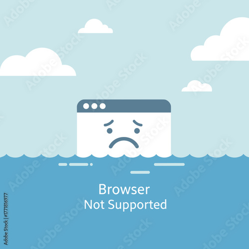 Browser Not Supported message with a sinking web browser window in blue water, symbolizing compatibility issues.