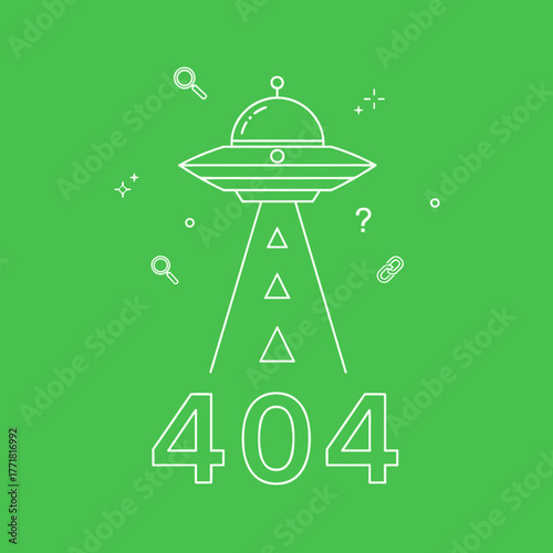 UFO beaming down a 404 error code with search and broken link icons, symbolizing a lost webpage.