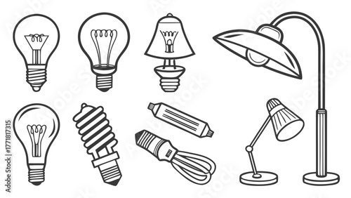 Lightbulb collection hand drawn icons energy saving lamps floor lamp desk lamp