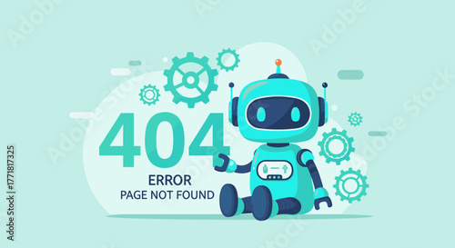 Cute robot sitting and pointing to "404 Error Page Not Found" text, illustrating a technical glitch or missing content.