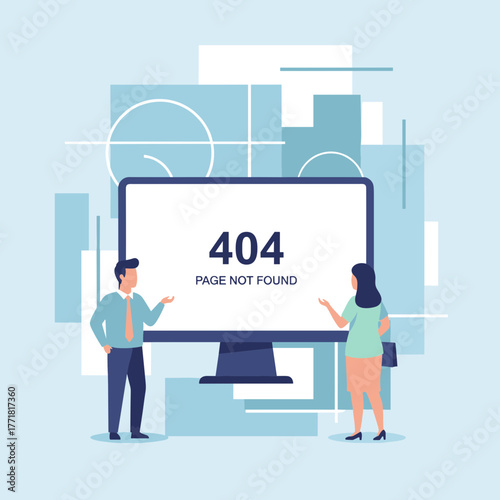 People interacting with a big monitor showing a "404 Page Not Found" error against a geometric background.
