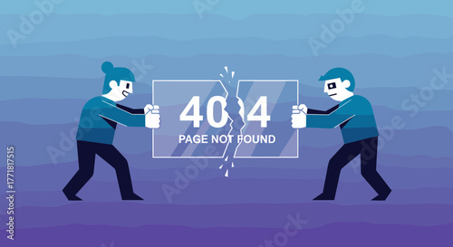 Two Men Cracking a 404 Page Not Found Error Screen Illustration, Website Failure Concept