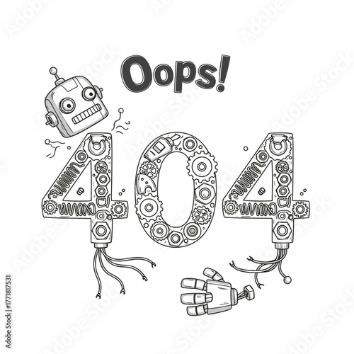 Doodle Style Robot and Gears Forming "Oops! 404" Error Message Line Art Illustration