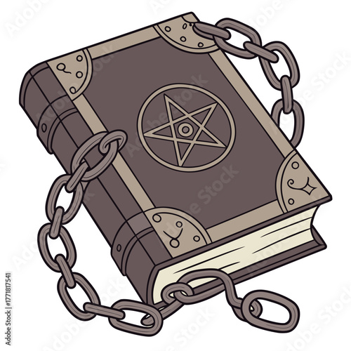 Illustration of a chained spell book with a pentagram