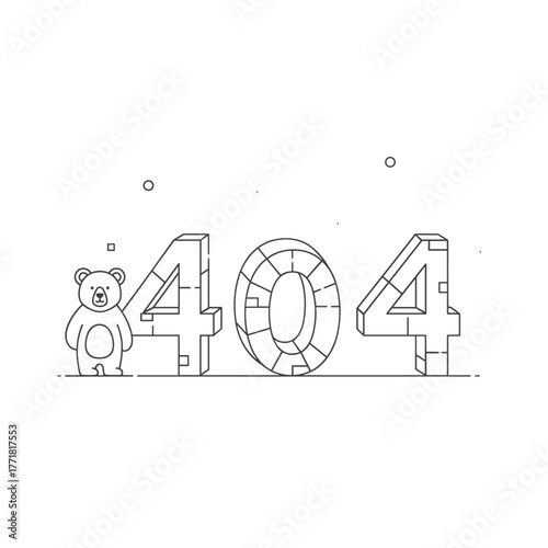 Cute Geometric Bear Standing Beside 404 Page Not Found Error Message Line Art Illustration