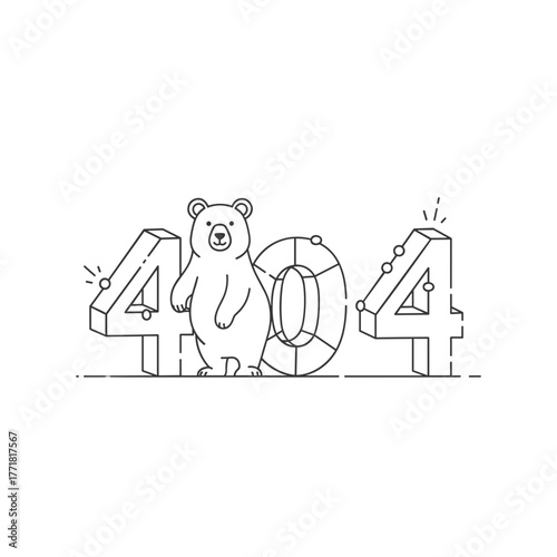 Playful Geometric Bear with Sparkling 404 Page Not Found Error Message Line Art Illustration