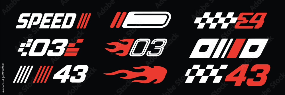 Obraz premium Racing Cars and Stripe Vector Set – Checkered Flags, Motocross Labels, Speed Lines, Motorsport Graphics, Race Decals, and Tuning Stickers for Automotive Design