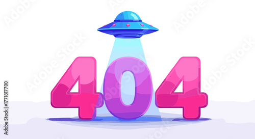 Vibrant 404 Error with UFO Light Beam on Number Zero, Sci-Fi Lost Page Illustration