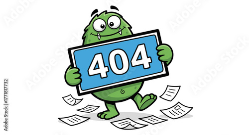 Playful Green Monster Walking with 404 Error Sign and Flying Papers Illustration