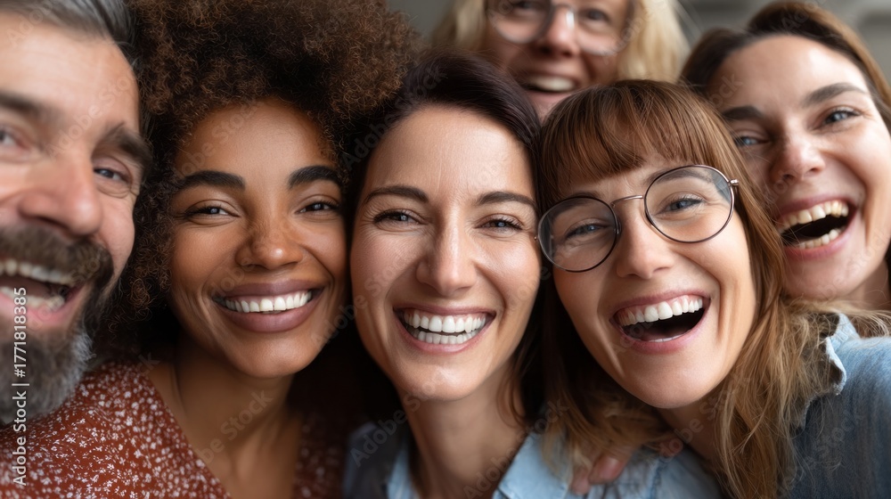 Obraz premium A diverse group of coworkers share hearty laughter while enjoying a lighthearted moment together at their workplace. The joyful atmosphere reflects camaraderie and friendship among them