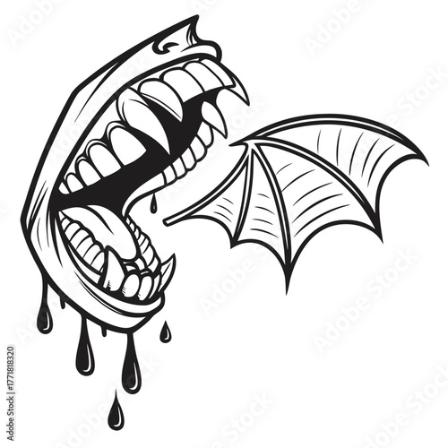 Monster mouth with bat wing for halloween