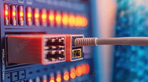 A close-up view of a network switch with illuminated ports and a connected Ethernet cable, showcasing technology in data communication.