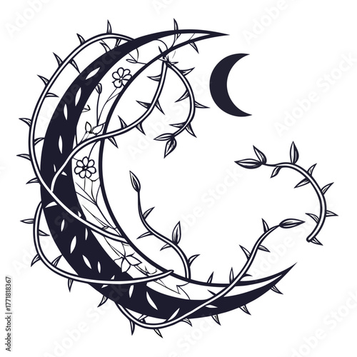 Illustration of a crescent moon with thorns