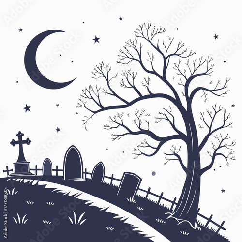 Cemetery at night with moon and stars vector
